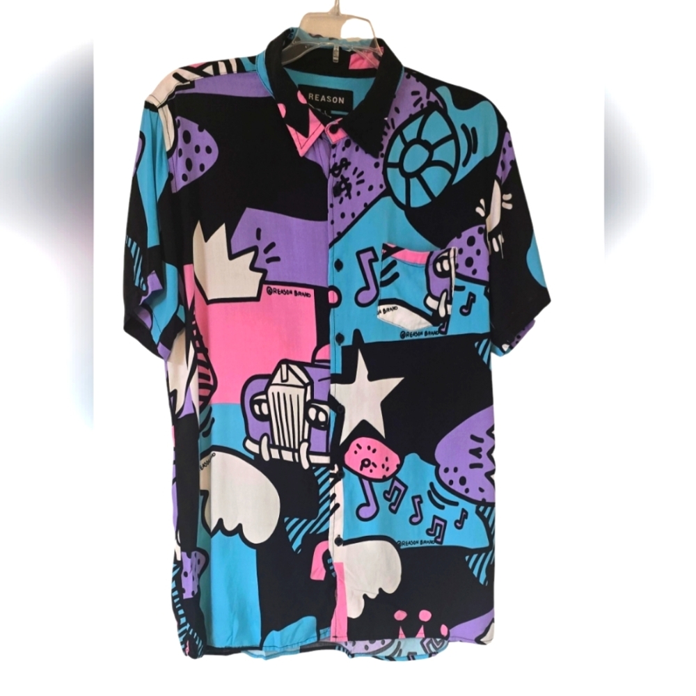Reason Men's Graffiti Print Short Sleeve Button Down Shirt Size L